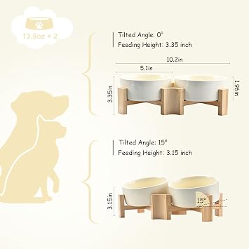 SPUNKYJUNKY 15 Slanted Ceramic Dog and Cat Bowl with Wooden Stand, Tilted Bulldog Food and Water Bowl No Slip Non-Spill for Cats Medium Dogs Big Face Pets 13.5 OZ (1.7 Cups, Beige 2)