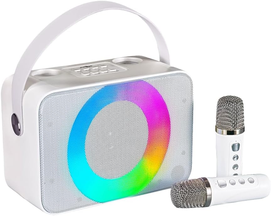 Portable Karaoke Machine for Adults,with 2 Wireless Microphones Karaoke Speaker,Carrying Handle/RGB Lights, Bluetooth 5.0 Mirophone,Supports USB/TF/AUX，Karaoke Machine for Home Party&Kids (White)