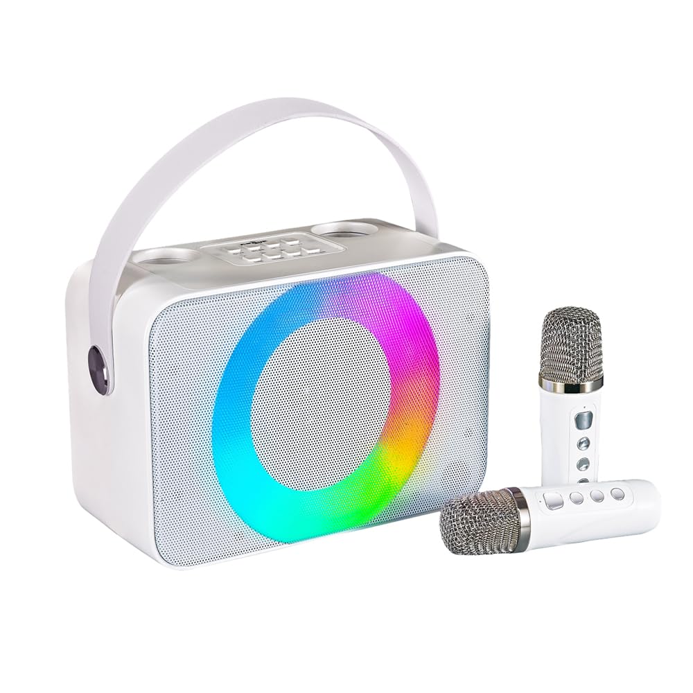 RGB Portable Karaoke Speaker with Dual Wireless Microphones, USB/TF Card Compatible, 10W HD Sound, Portable Carrying Handle, Large Battery for Family Gatherings/Karaoke/Outdoor Activities (White)-image-49