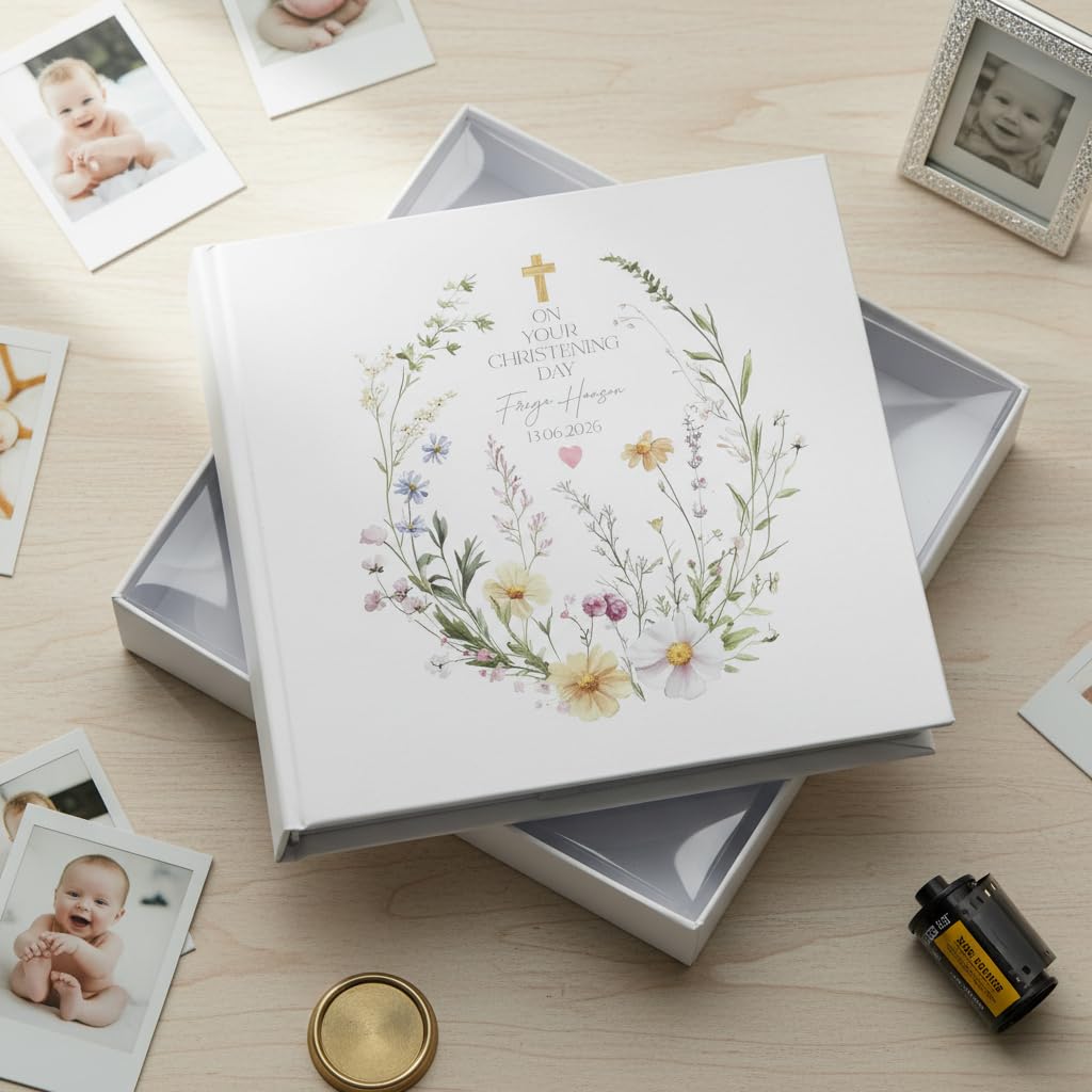 Personalised Christening Baptism Communion Photo Album, Floral Design, Holds 50 Photos, with Writing Space, Gift Box Included — view 2
