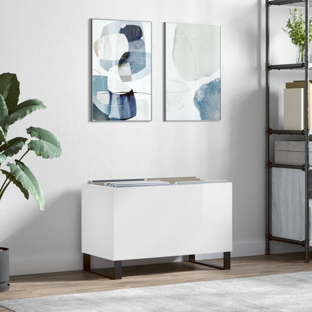 Mobile Porta Dischi Bianco Lucido Legno Multistrato per Vinili LP, Mobile per Giradischi con Piano Robusto e Piedini in Ferro, Ampio Spazio di Conservazione per Collezione
