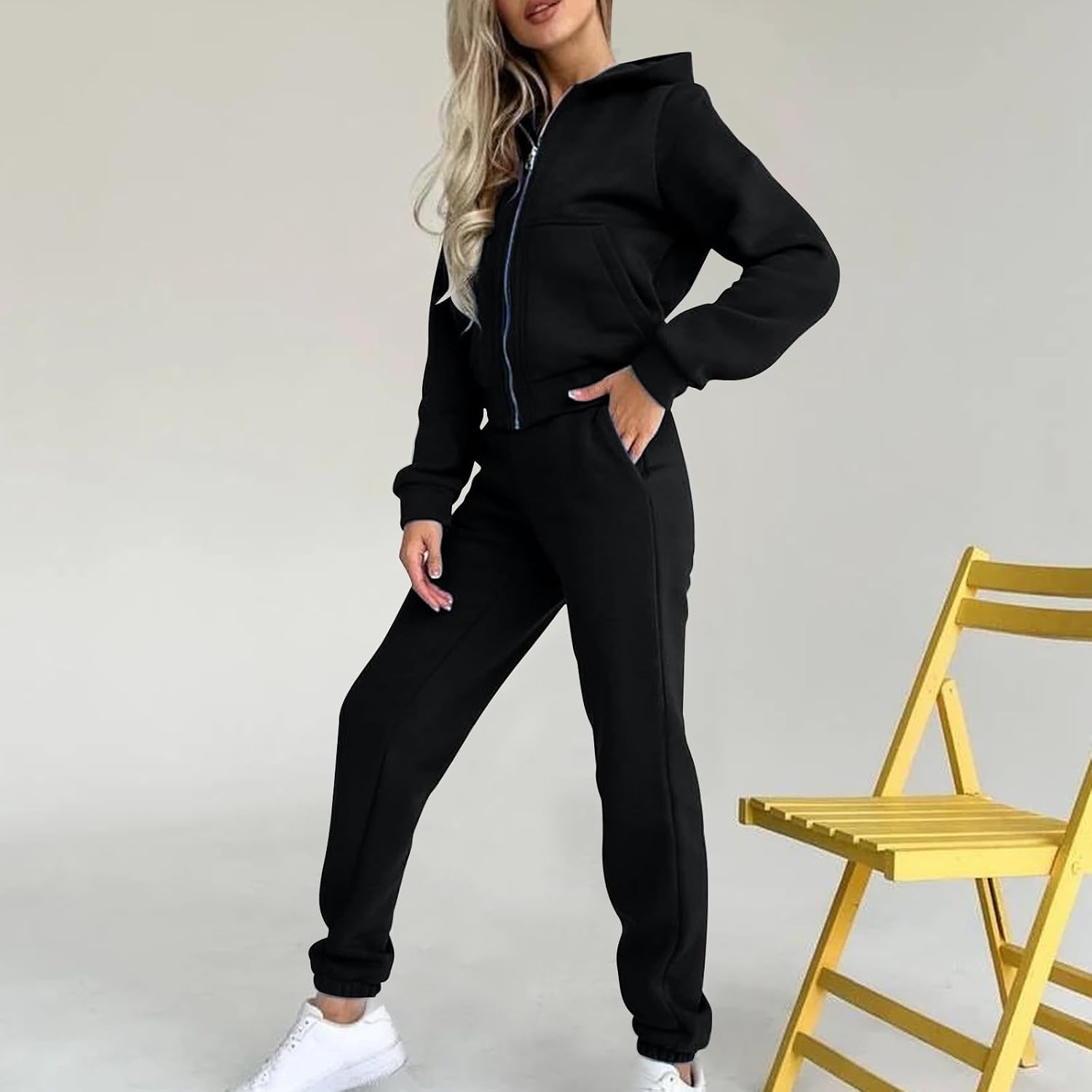 Womens 2 Piece Outfits Sweatsuits Cropped Zip Up Hooded Sweatshirt Jogger Sweatpants Tracksuit Lounge Matching Set