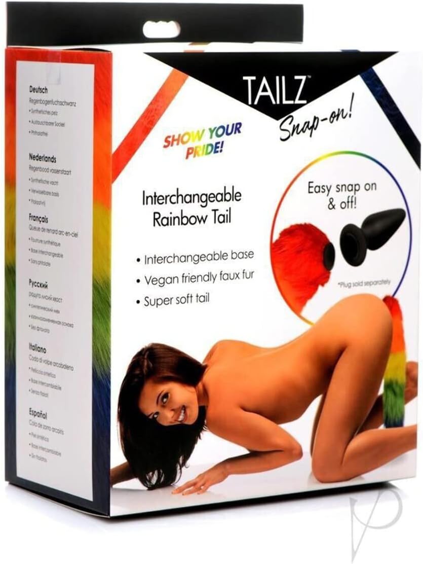 Tailz Snap-On Interchangeable 16.5 inch Rainbow Fox Tail for Anal Plug | Thick Long and Furry Animal Tail for Women | Soft Vegan Friendly Faux Fur Tail | Kinky Animal Play Fox Cosplay Tail | Butt Plug