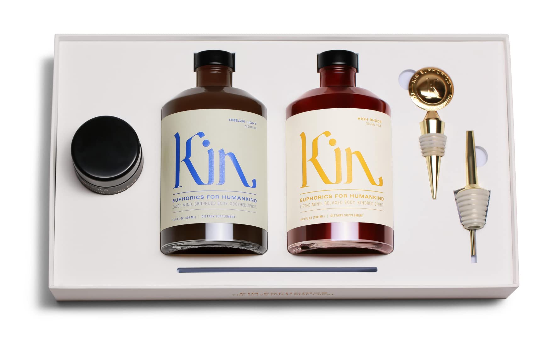 Kin Euphorics Bliss Duet Holiday Gift Set, Non Alcoholic Spirits, Nootropic, Botanical, Adaptogen Drink, Uplift The Mood, Soothe The Spirit, 2 Bottles (16.9 Fl Oz each), Bottle Stopper, Pour Spout