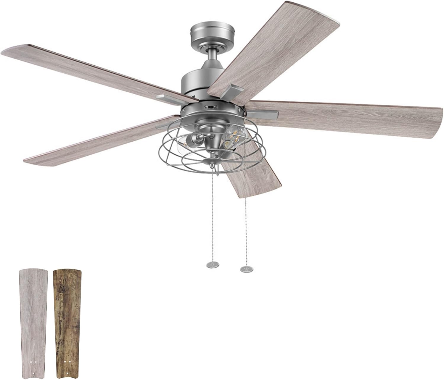 Prominence Home Marshall, 52 Inch Industrial Style LED Ceiling Fan with Light, Pull Chain, Three Mounting Options, Dual Finish Blades, Reversible Motor - Model 51458-01 (Pewter)