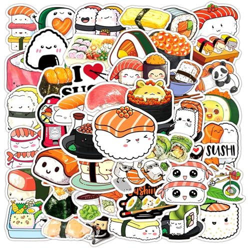 Sushi Stickers 50PCS Japanese Sushi Sticker Cute Food Stickers Vinyl Waterproof Decals for Teens Adult Water Bottle Laptop Decor Party Favors Birthday Gifts (White)