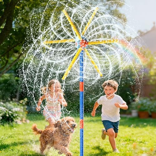 VATOS 59" Windmill Water Sprinkler Outdoor Yard Toy for Kids, New Upgrades Double-Sided with 6 Blades, 54 Spray Nozzles, 360° Spining Splash Summer Fun Play for Boys, Girls, Pets and Lawn Watering
