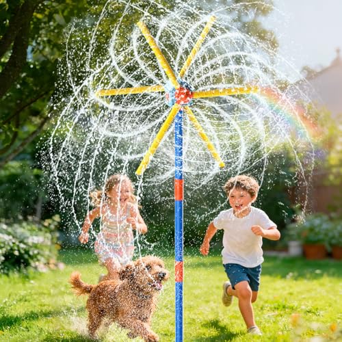 VATOS 59 Zoll Windmühlen-Wassersprinkler, verbesserte doppelseitige Version mit 6 Flügeln & 54 Düsen, 360° Drehung – Sommer-Badespaß für Jungen, Mädchen, Haustiere & Rasenbewässerung
