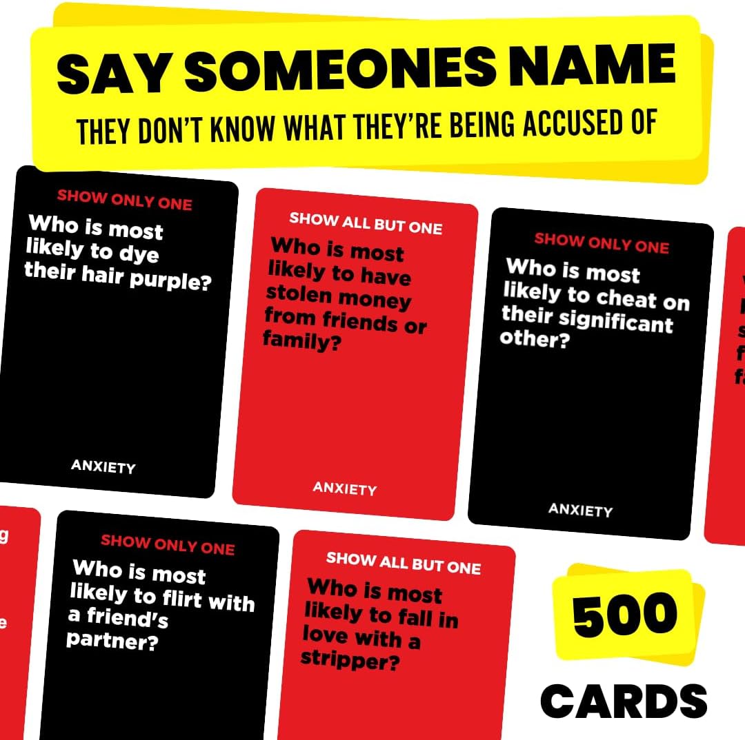 Viral Studios Anxiety - The Savage Party Card Game for Accusations, Dares & Horrible Honesty – 500 Cards, Ages 17+, Perfect for Adults