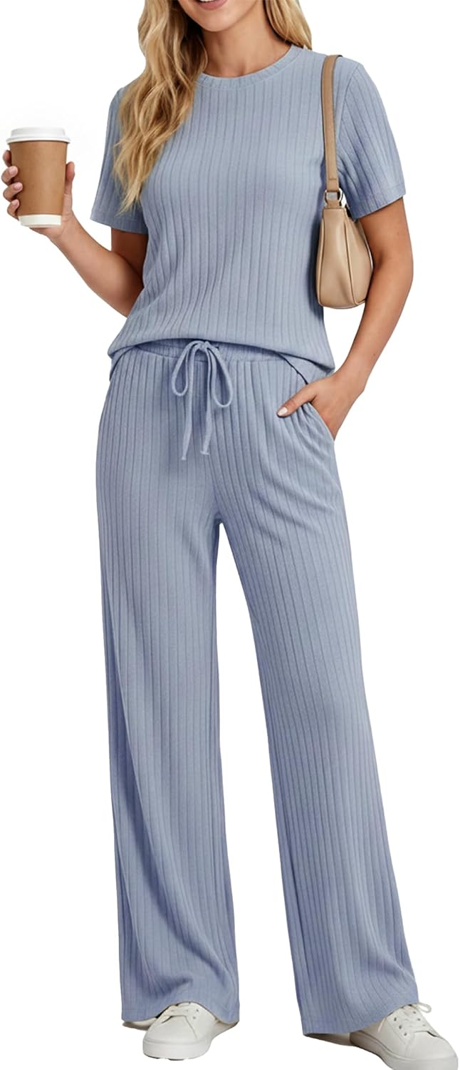 PATPAT Lounge Sets for Women 2 Piece Ribbed Knit Loungewear Short Sleeve Pajama Set Matching Pj Set Soft Outfits with Pockets