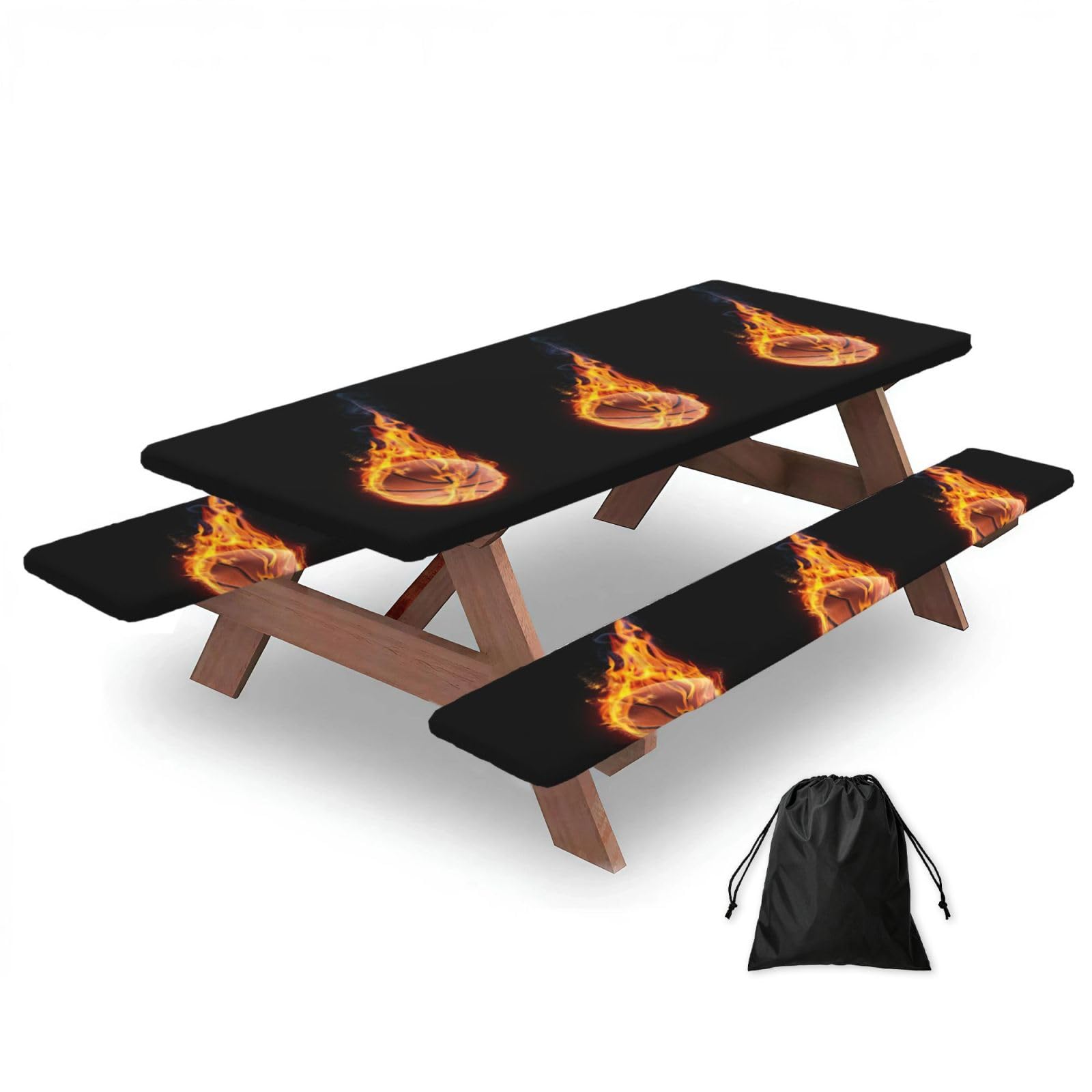 Zyjhyy Black Basketball On Fire Print 3 Pack Wipeable Picnic Bench Cover And Table Cover Lightweight Table Cloth For Camping Outdoor