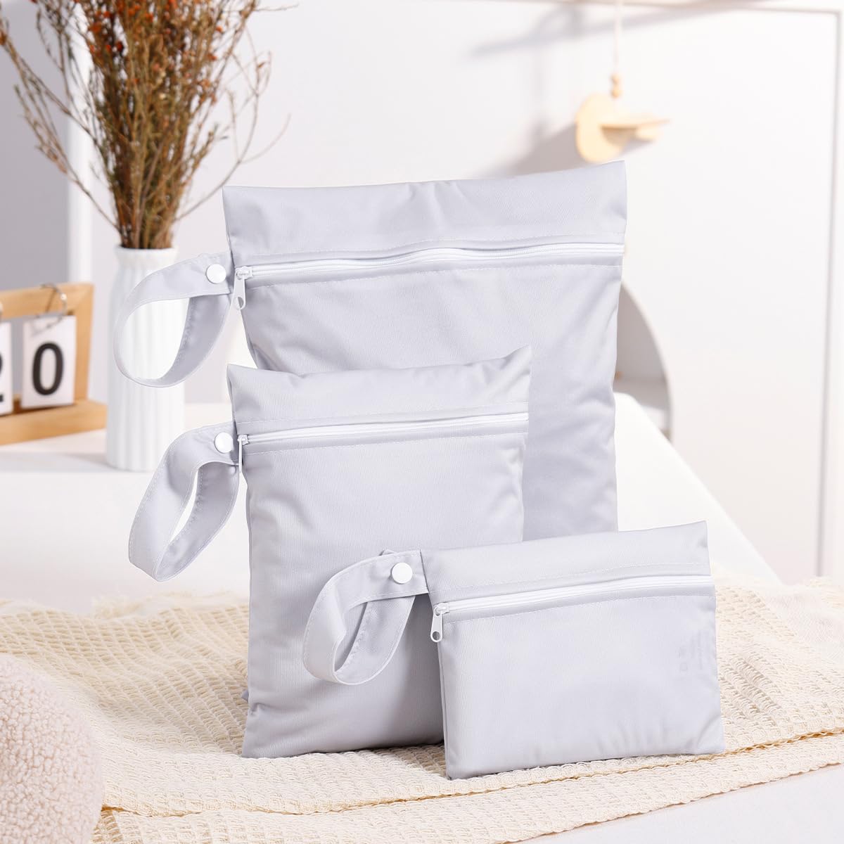 Treer 3 PCS Wet Bags Baby Cloth Nappy Wet Bag Waterproof Reusable Pastoral Style Print Diaper Bags with Zipper,Wet Dry Organizer Bag for Swimming, Baby Diaper, Travel Beach (Light Gray)