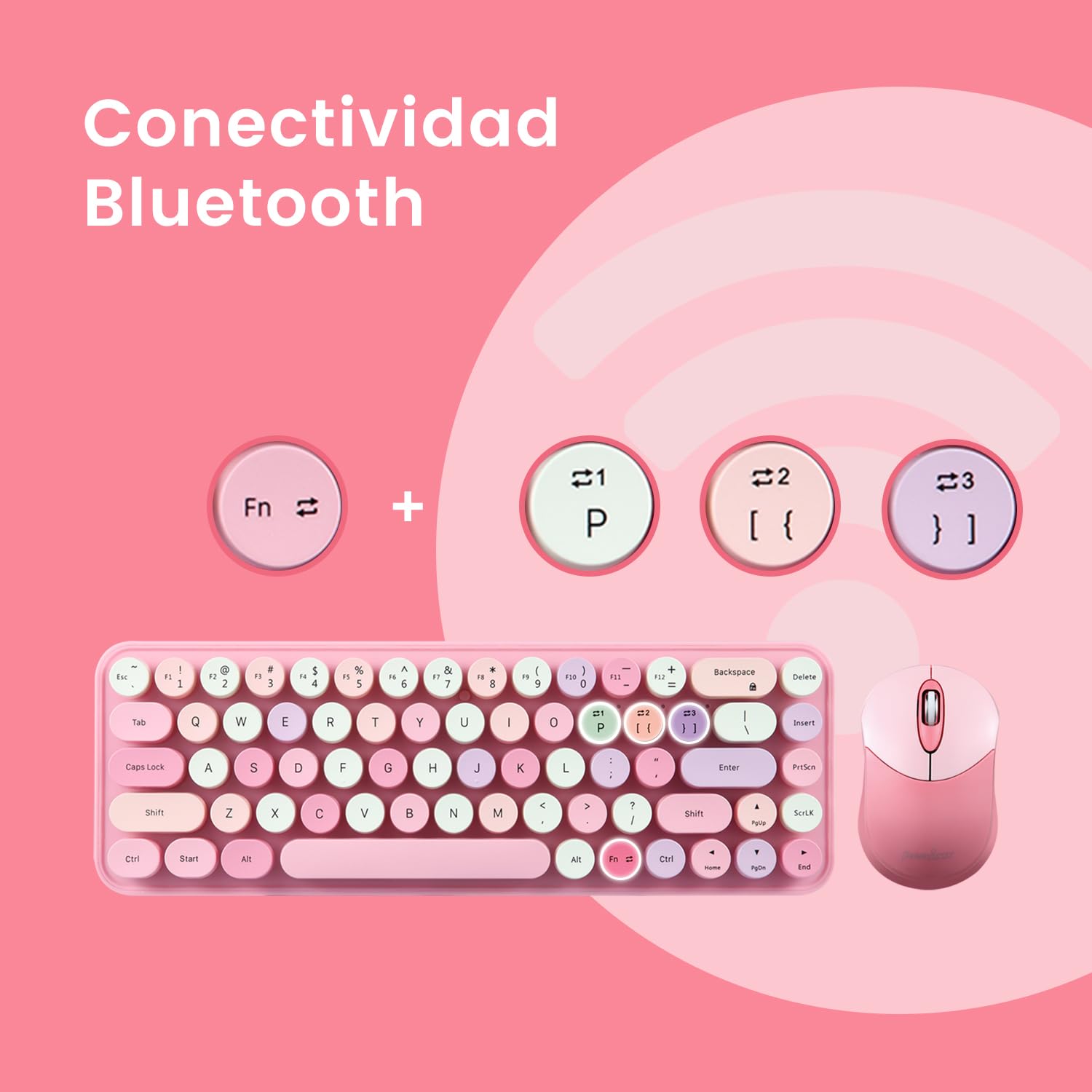 Perixx PERIDUO-802PK ES Set de Ratón y Teclado Inalámbrico Bluetooth Mini - Estilo Retro con Teclas Redondas - Rosa Pastel - Español QWERTY Perixx PERIDUO-802PK ES Set de Ratón y Teclado Inalámbrico Bluetooth Mini - Estilo Retro con Teclas Redondas - Rosa Pastel - Español QWERTY