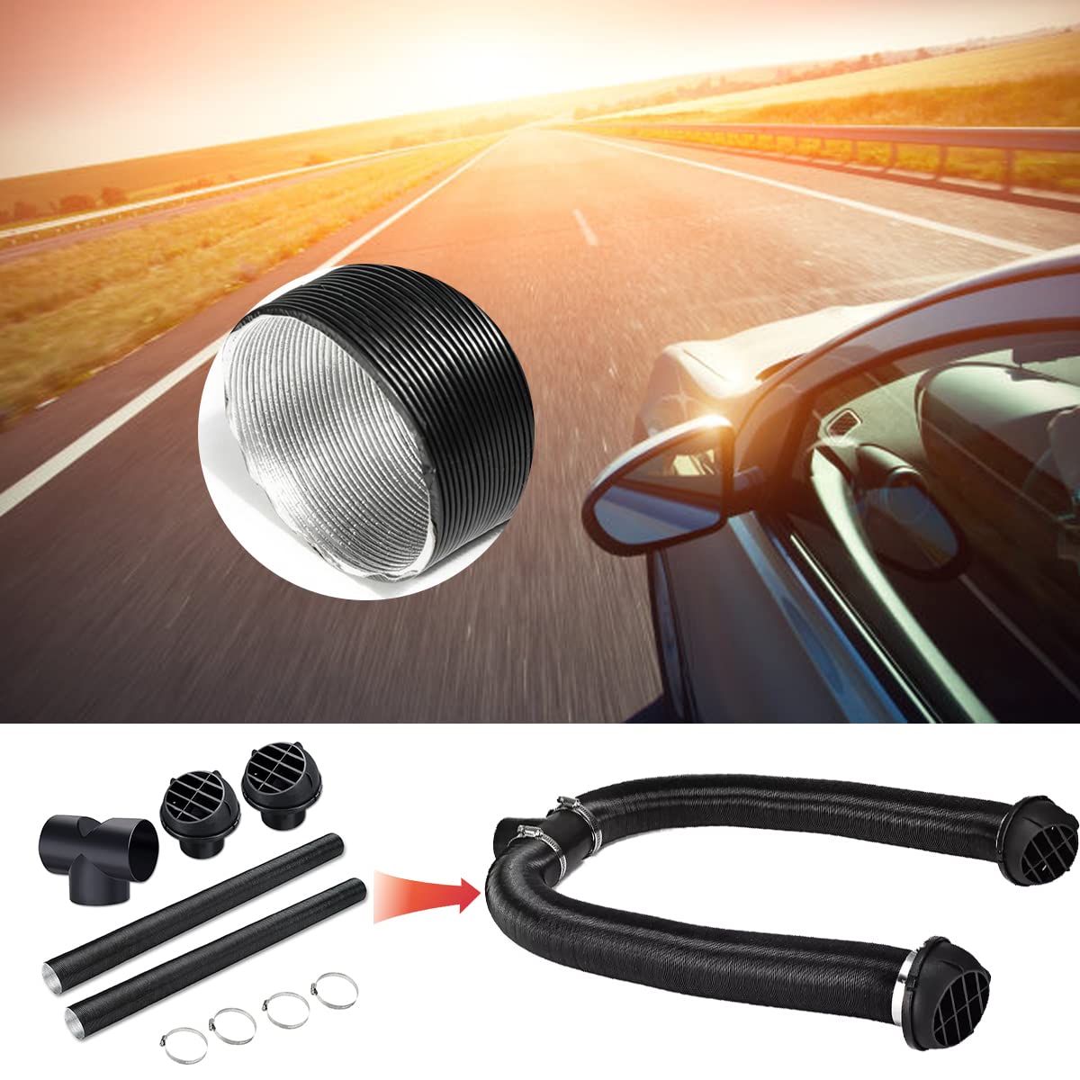 Set di riscaldamento da parcheggio, 75 mm, per il riscaldamento dell'auto, tubo a T, accessori per il riscaldamento dell'aria calda, tubo di sfiato, set di clip per riscaldamento a pavimento