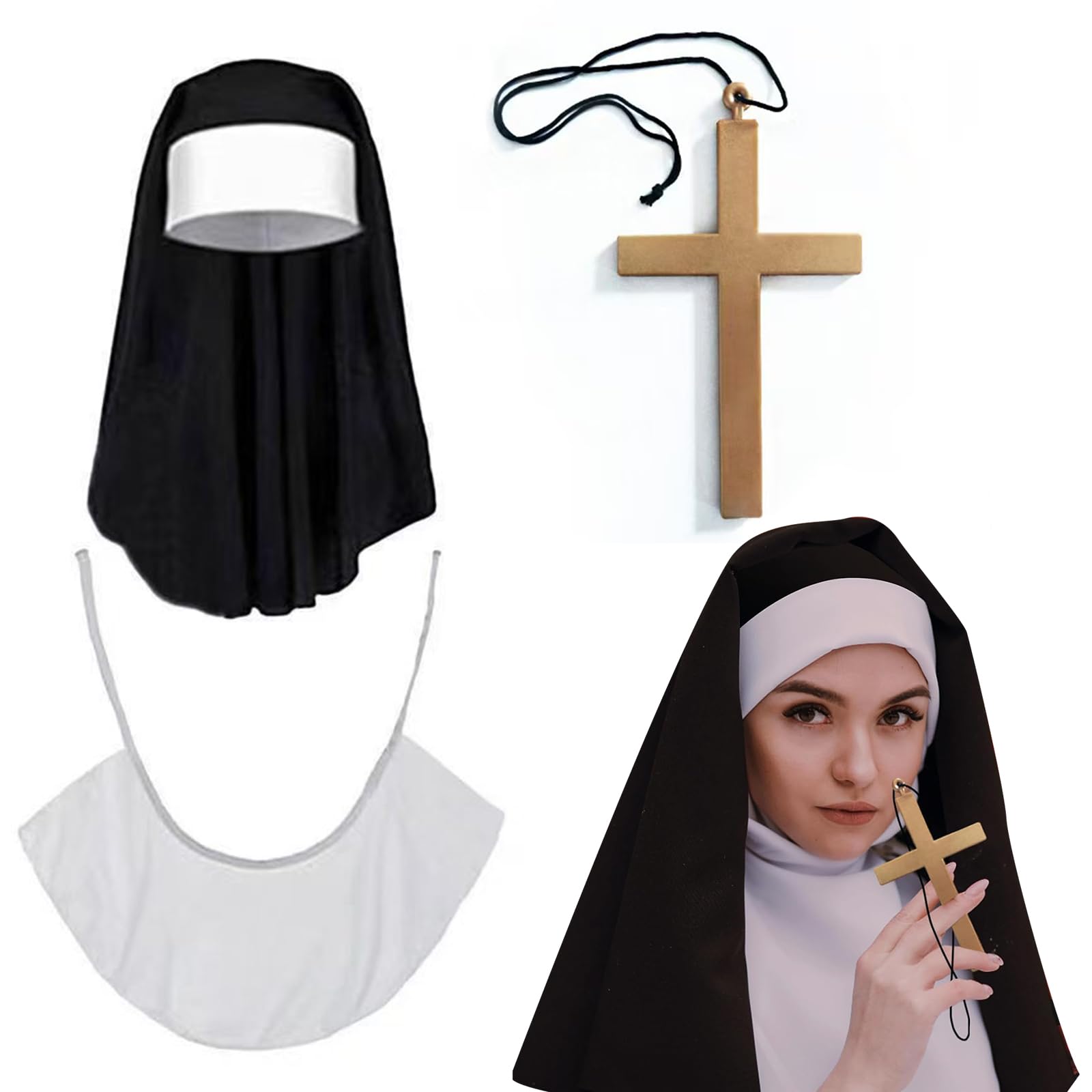3 Pieces Halloween Nun Costume Accessories Include Nun Headpiece