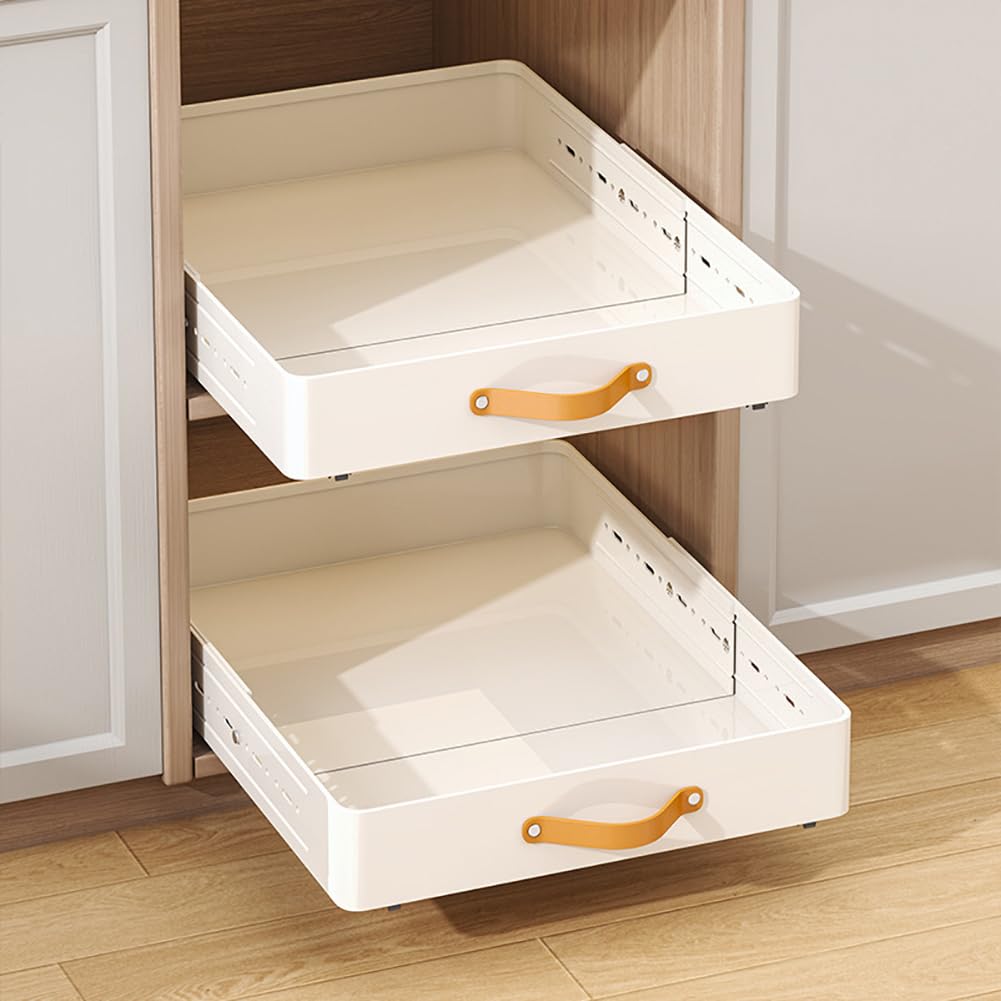 Telescopic Drawer, Depth Adjustable, 41-60 cm Depth x 40 cm Width x 7.8 cm Height, Metal Slide Out Organiser with Handle Adhesive, Extendable Drawer Kitchen Storage Shelves for the Kitchen, Bathroom