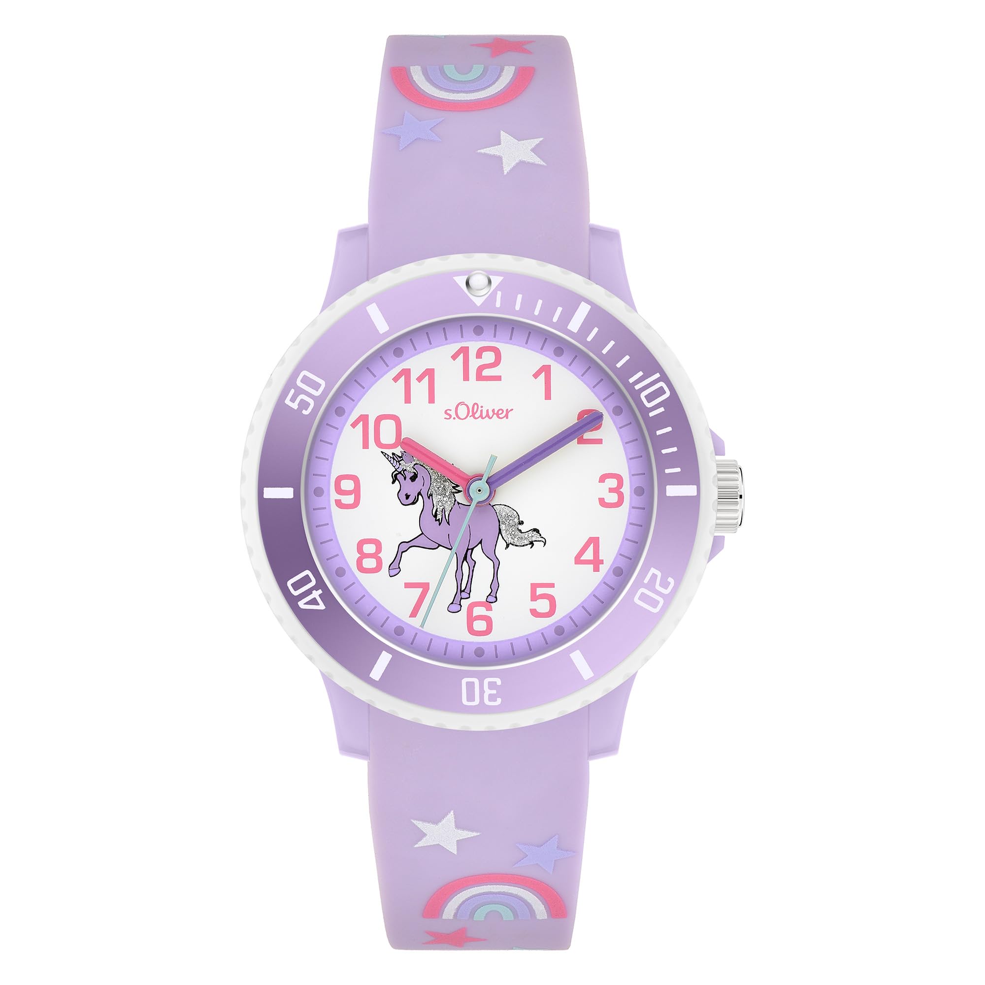 s.Oliver Reloj Infantil Redondo – Lila – 38 mm – Reloj de plástico con Movimiento de Cuarzo en la Correa de Silicona con Hebilla – Reloj analógico – Resistente al Agua 5 ATM – Resistente a los