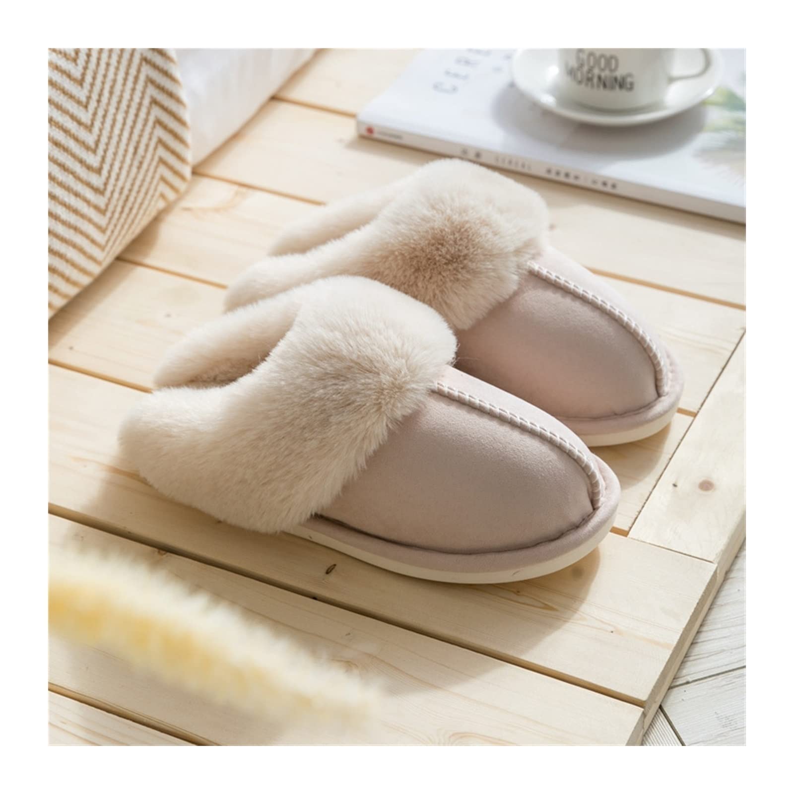 KIZQYN Slippers for Women Womens Winter Slipper Memory Foam Fluffy Soft Warm Slip On House Slippers, Anti-Skid Cozy Plush Warm Couple Slippers for Indoor Outdoor Slippers (Color : White, Size : 38-39)