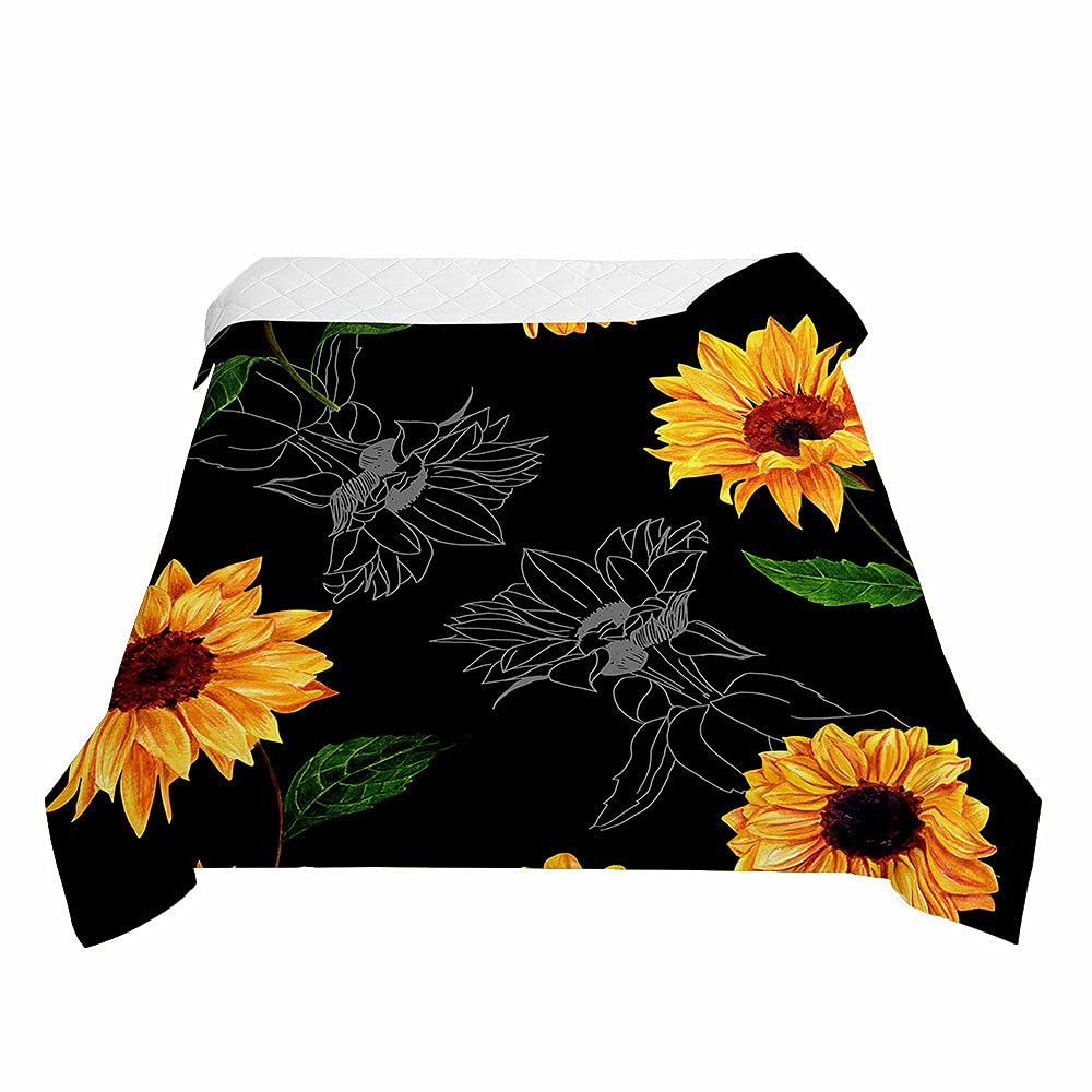Surwin Black Flower Embossed Quilted Bedspreads Single Double Super King Bed Size, Bedspread Quilt 3D Sunflower Print Lightweight Coverlet Microfiber Comforter Sofa Throws Blanket (,200X230cm)
