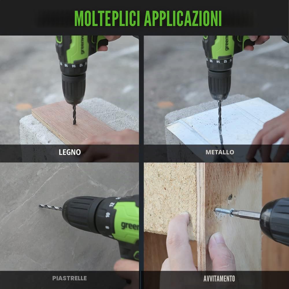 Greenworks Trapano avvitatore a batteria da 24 V, 35 Nm, motore senza spazzole, 18 livelli di coppia, mandrino da 13 mm, cambio a 2 marce, batteria da 2 Ah e caricatore, valigetta