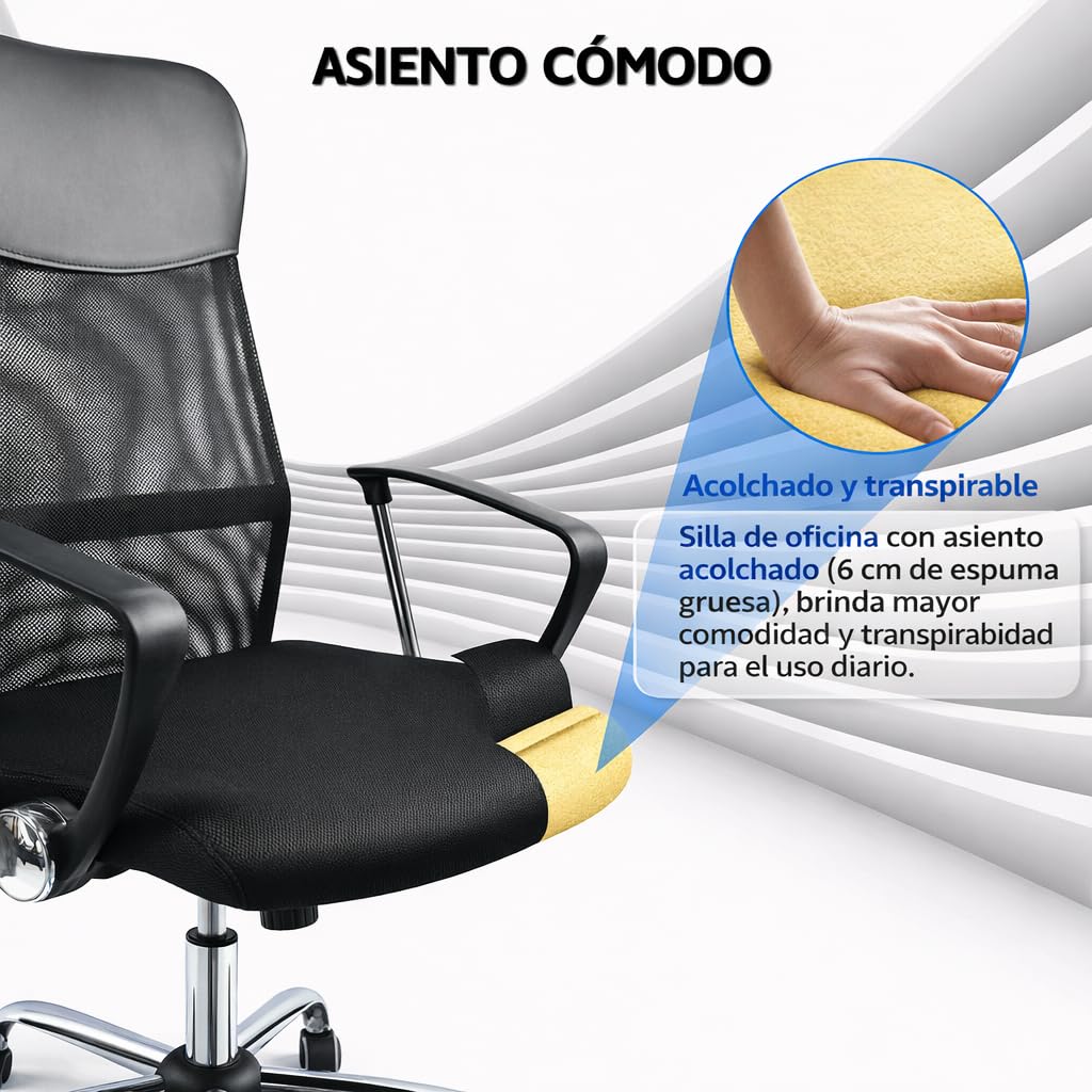 T-LOVENDO.ES Silla de Oficina ergonómica para Escritorio u Oficina. Respaldo Alto de Malla Transpirable y Piel sintética. Giratoria y con Ruedas. Diseño Bonito y Elegante. hasta 150kg.