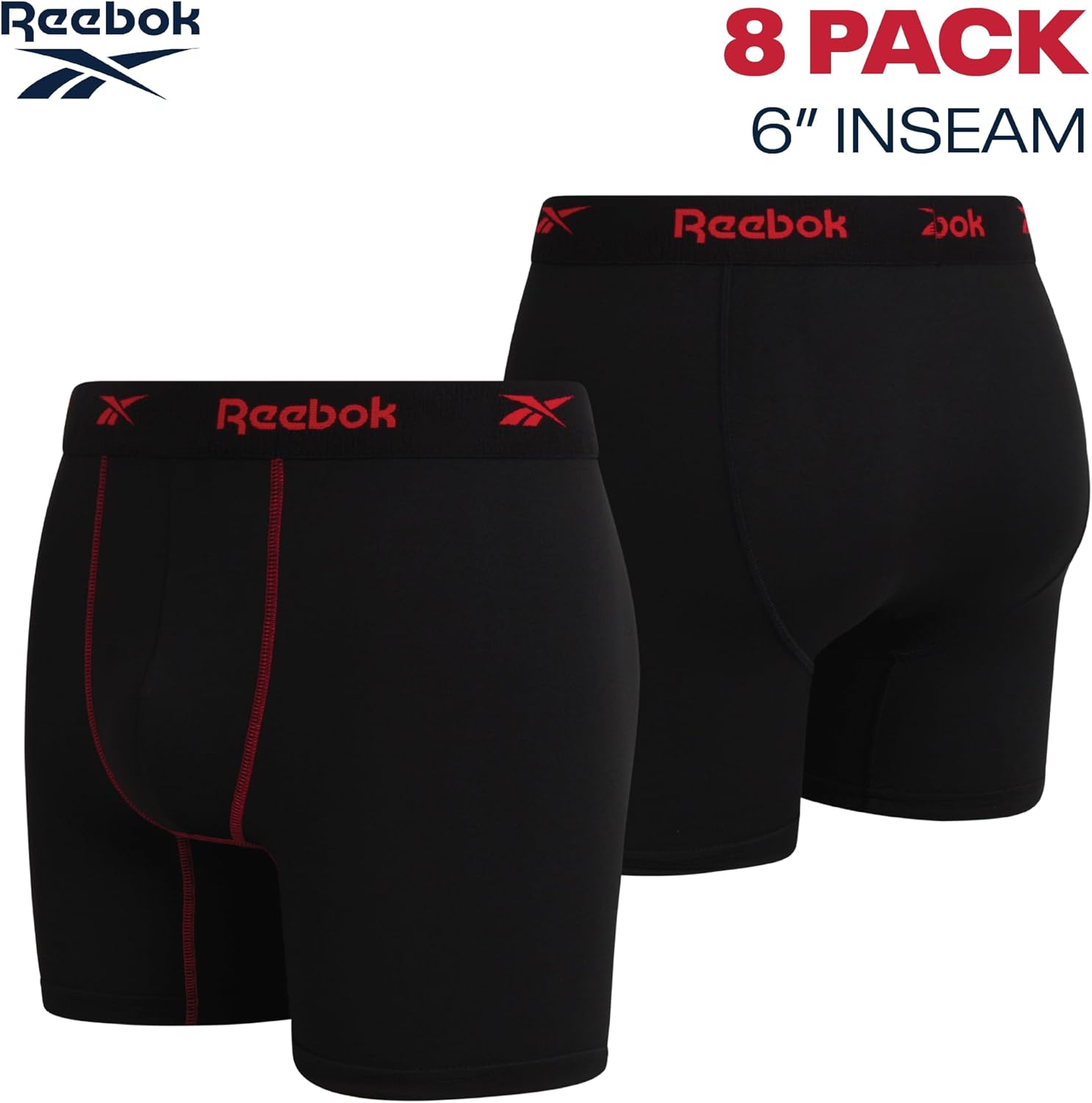 Reebok Mens Boxer Briefs - 8 Pack 6'' Inseam Soft Stretch Performance Mens Underwear Athletic Boxer Briefs with Contour Pouch - Image 3