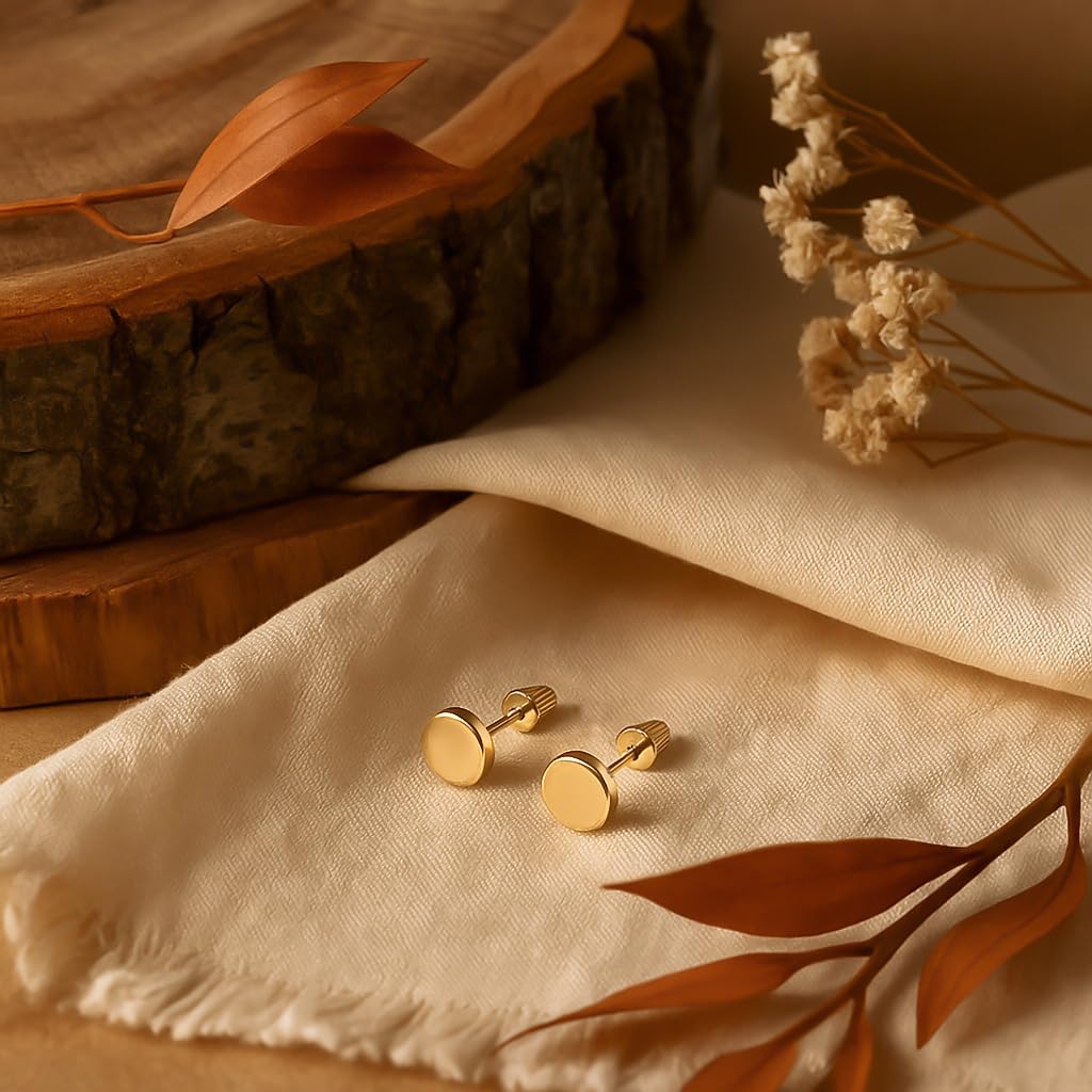 Hoberta Real 14k solid Round Yellow Gold Tiny Circle Stud Earrings with Screw back for Women And Men for Sensitive ears Small & Minimalist Dot Studs Jewelry for Valentine's Day Gifts - Image 3