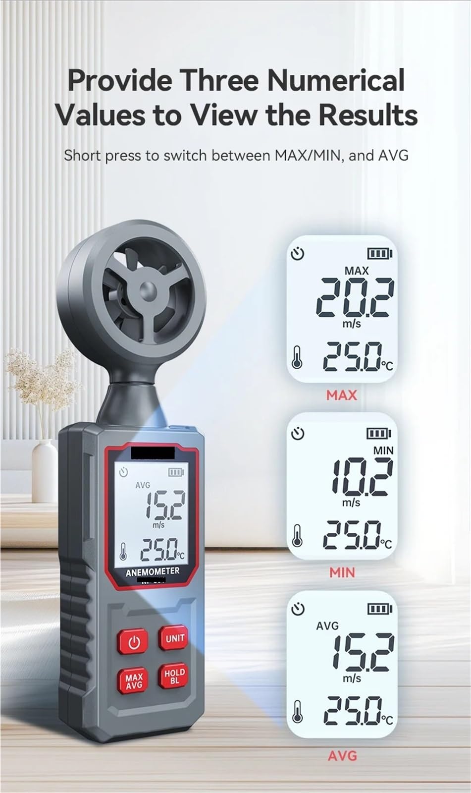 Wiatromierz, Przenośny cyfrowy anemometr, miniaturowy miernik prędkości wiatru, przepływu powietrza i temperatury z podświetleniem LCD