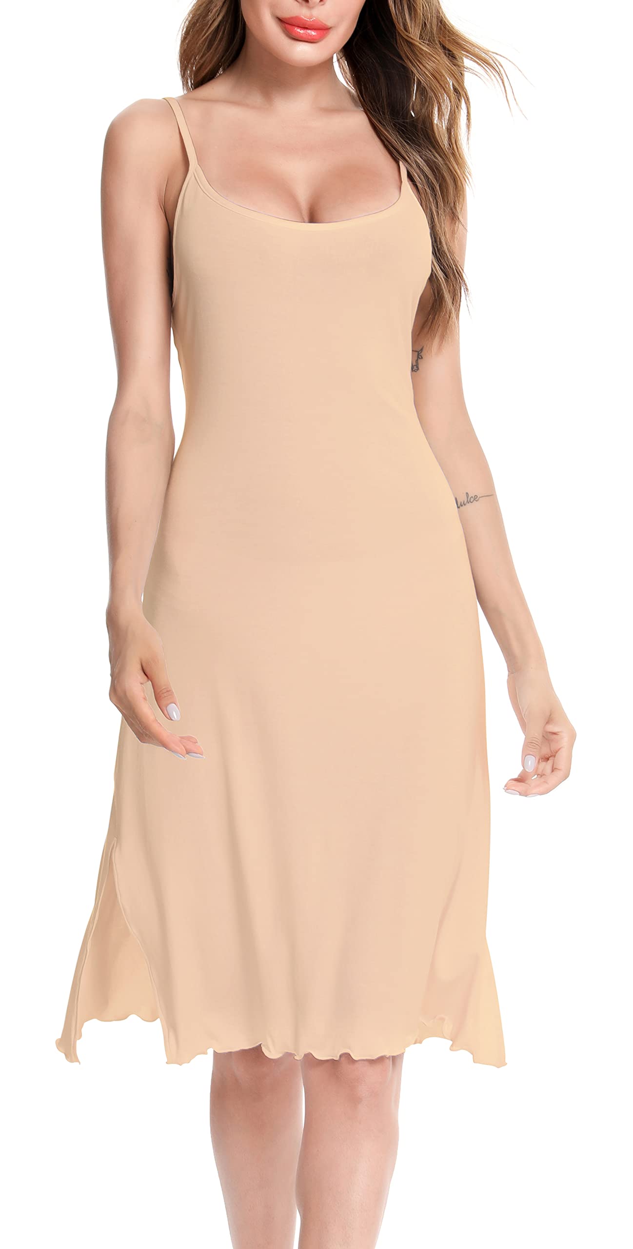 Vlazom Damen Unterkleid mit Trägern Unterröcke Sexy Negligee Full Slip Miederkleider Nachthemd Nachtwäsche(L,Stil B-Beige)