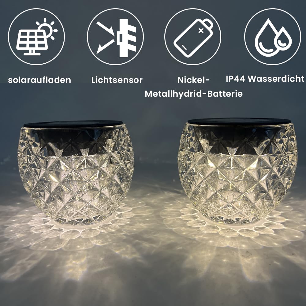 Solarlampen für Außen Tisch, 2er-Set Solar Tischleuchte Outdoor, Tischlampe Solar Outdoor Wasserfest IP44, Warmweiß, Glas, Ø 10 Cm, LED Windlicht Outdoor Solar