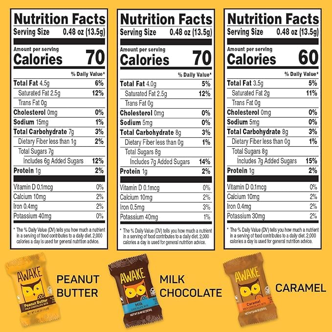 AWAKE - Caffeinated Chocolate Bites - USA Variety Pack (3 Flavors) 50 Bites - Peanut Butter, Milk Chocolate, & Caramel - 50mg Caffeine - Coffee Alternative - Fairtrade - Gluten-Free - Non GMO - 0.48oz