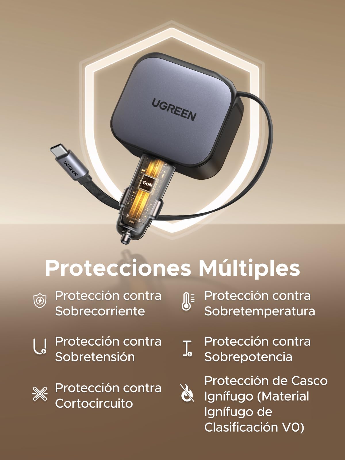 UGREEN 145W Cargador Coche Retráctil Carga Rápida, Car Charger USB C 4 Puertas con Cable Retractil, Compatible con iPhone 17 Pro MAX Air/iPhone 16/15/14, Galaxy S25/24, Pixel 10/9, MacBook, iPad Pro