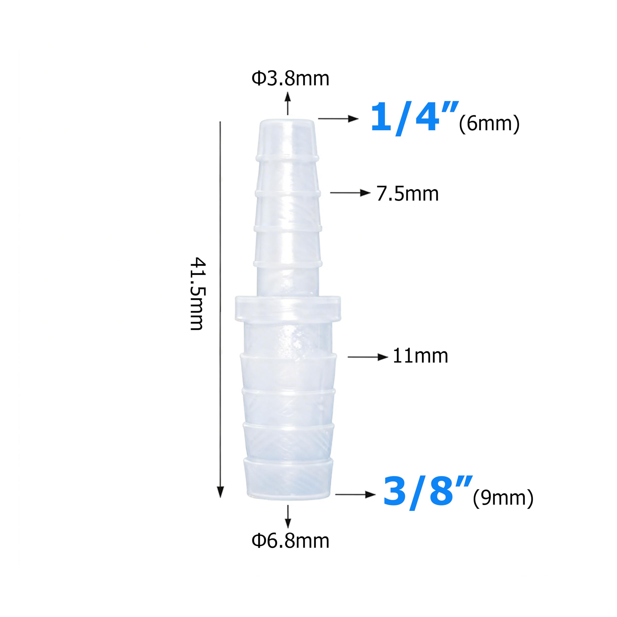 Quickun Reductor de púas de manguera de plástico de 3/8 a 1/4 pulgadas, adaptador de unión reductora de púas, empalmador, ajuste de junta (paquete de 3)