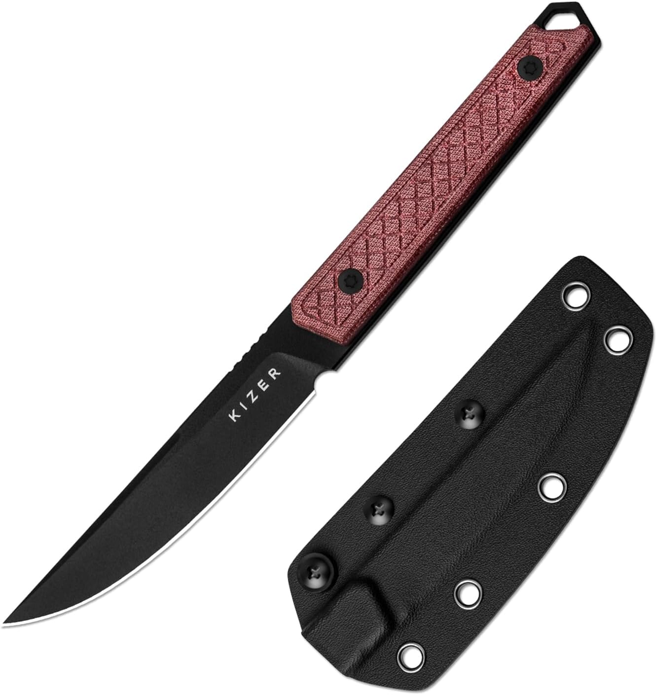 Kizer Kwaiken Fixed Blade Knife, 3.94" D2 Steel Hunting EDC with Red Denim Micarta Handle, Survival Knife with Adjustable Sheath for Hiking Camping Outdoor Knives 1066A1