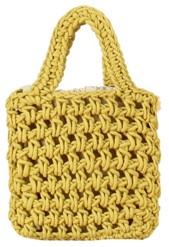 Rungion Mini Clutch Handbag for Women Handmade Fishing Net Phone Purse Cotton Rope Crochet Drawstring Woven Beach Bag