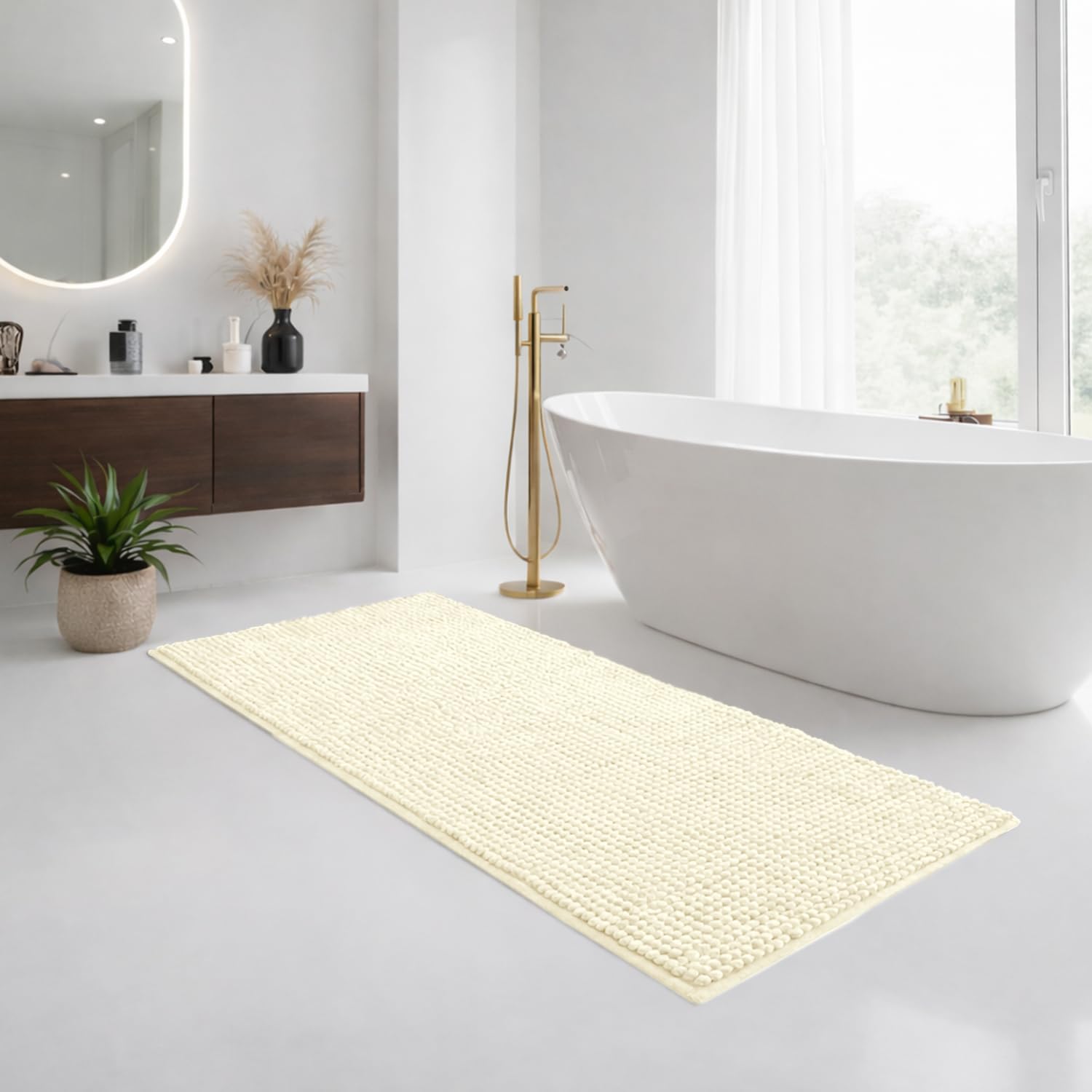 Imperial Rooms Bath Mat Non Slip Anti Mould – 60 x 90 cm Cream Chenille Shower Mat Machine Washable Bathroom Mat Super Absorbent Extra Soft Fluffy Bath Mats