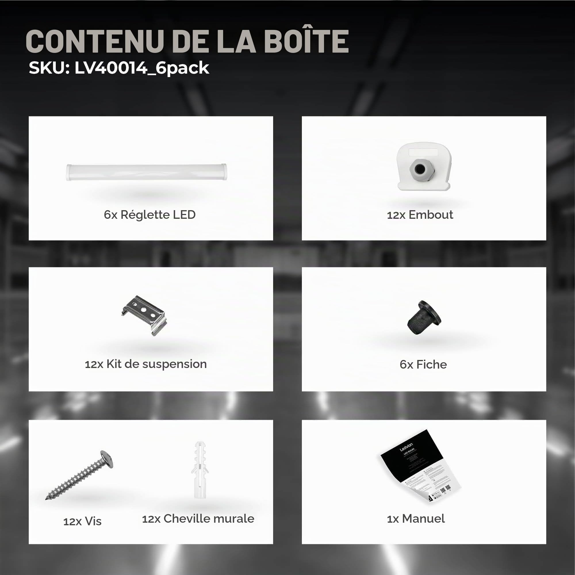 Ledvion lot 6 Boîtier de Reglette 150cm 48W 130lm/W 4000K IP65