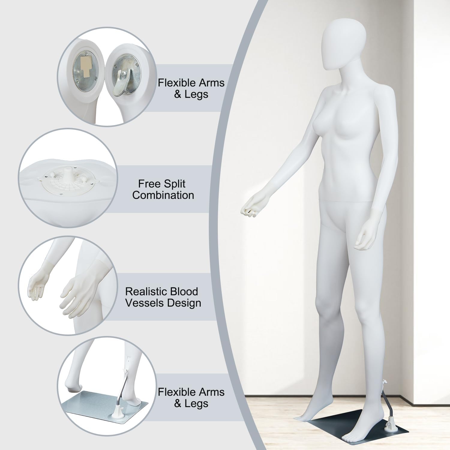 Kinfant Female Full Body Mannequin - 6 Ft Detachable Dress Form Display Mannequin Stand with Metal Base, Adjustable Dress Model for Fashion Store, Clothing Design, White