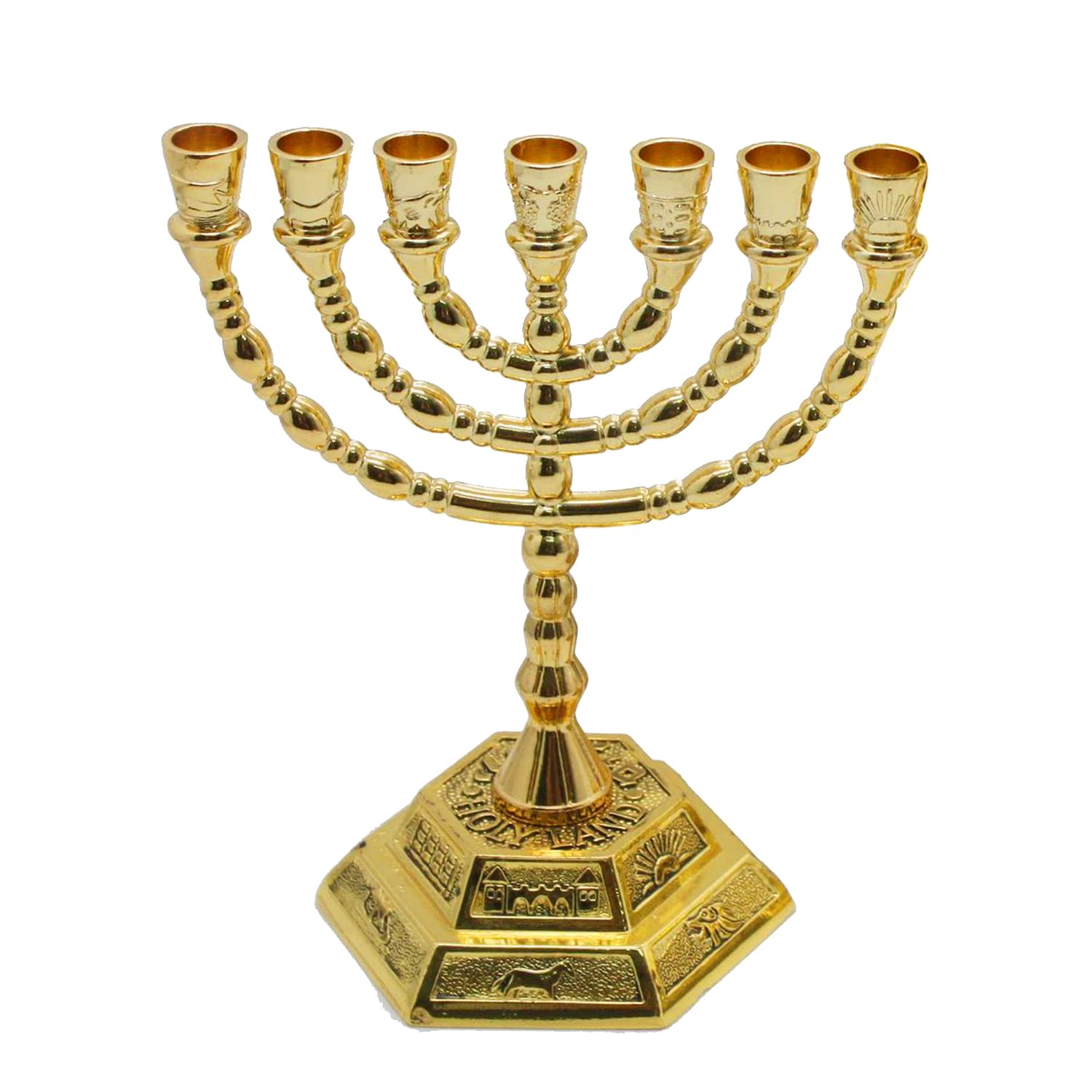12 Tribes of Israel Menorah, Prefdo Gold Plated 7-Branch Menorah Candle Holder for Passover Hanukkah Kwanzaa Shabbat Tabernacle (8 Inches)