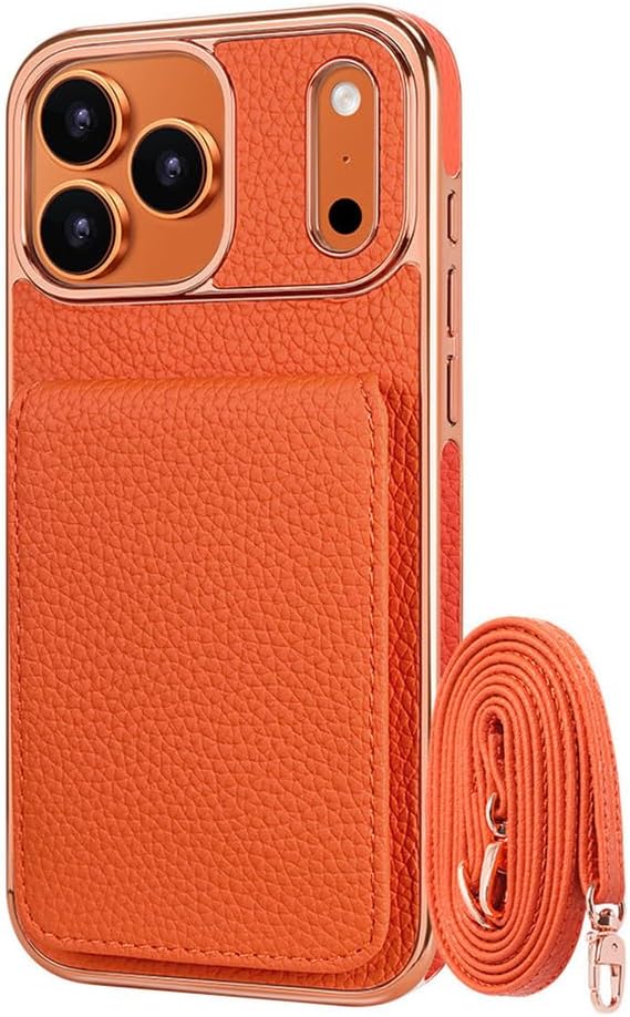 Crossbody Case for iPhone 17/17 Air/17 Pro/17 Pro Max, Plating Full Grain Leather Flip Standing Cover Long Shoulder Strap Wallet Shell Orange