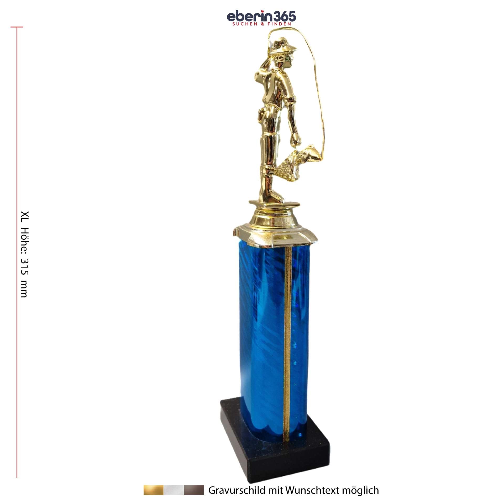 XL Angler Pokal Trophäe Award: Angel Trophy mit Gravuroption | Goldfisch auf Blauer Säule | Komplett montiert