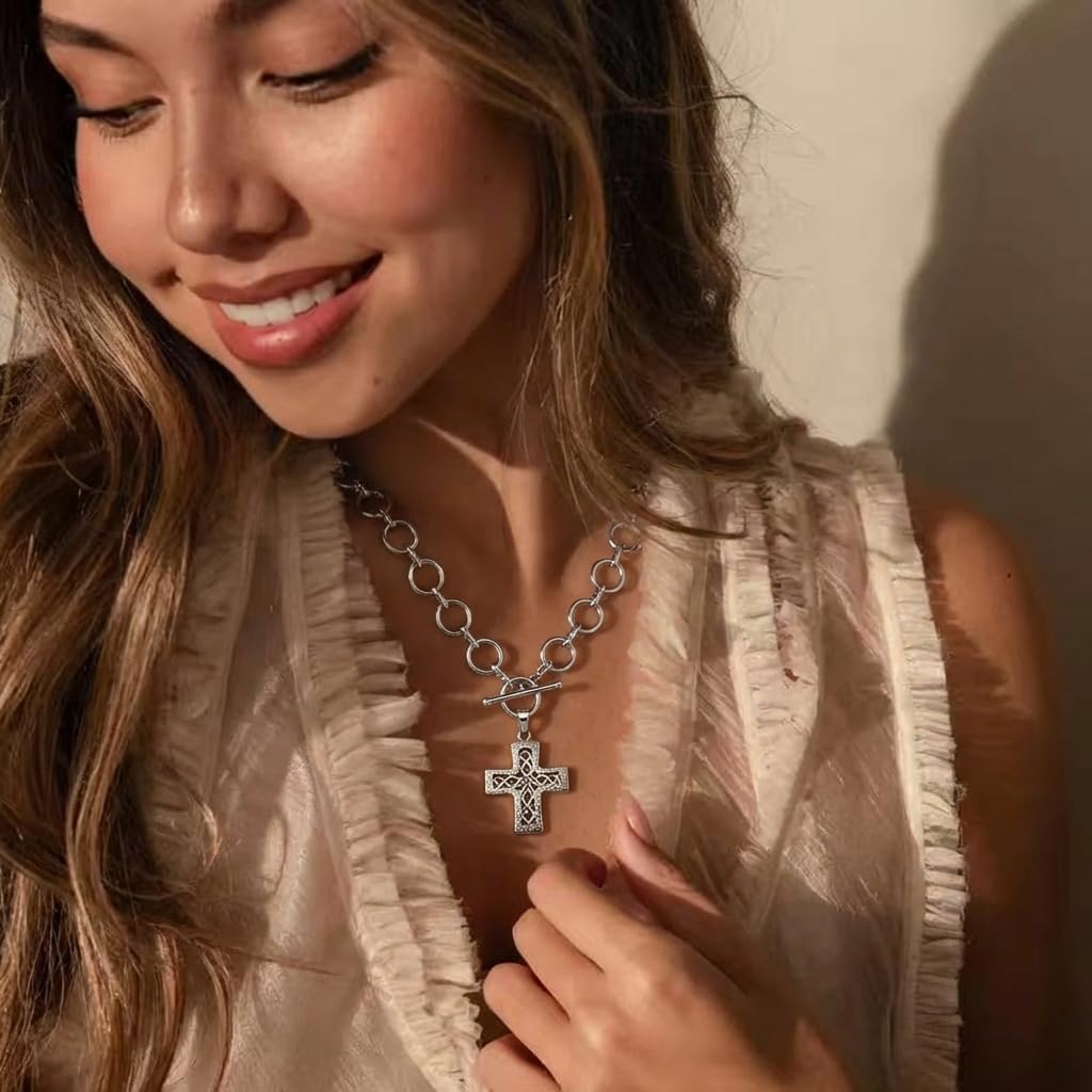 Chunky Cross Necklace for Women, 925 Sterling Silver Chunky Necklace Cross Pendant, Big Cross Statement Necklaces, Statement Jewelry for Daily Wear, Parties, Gifts - Image 3