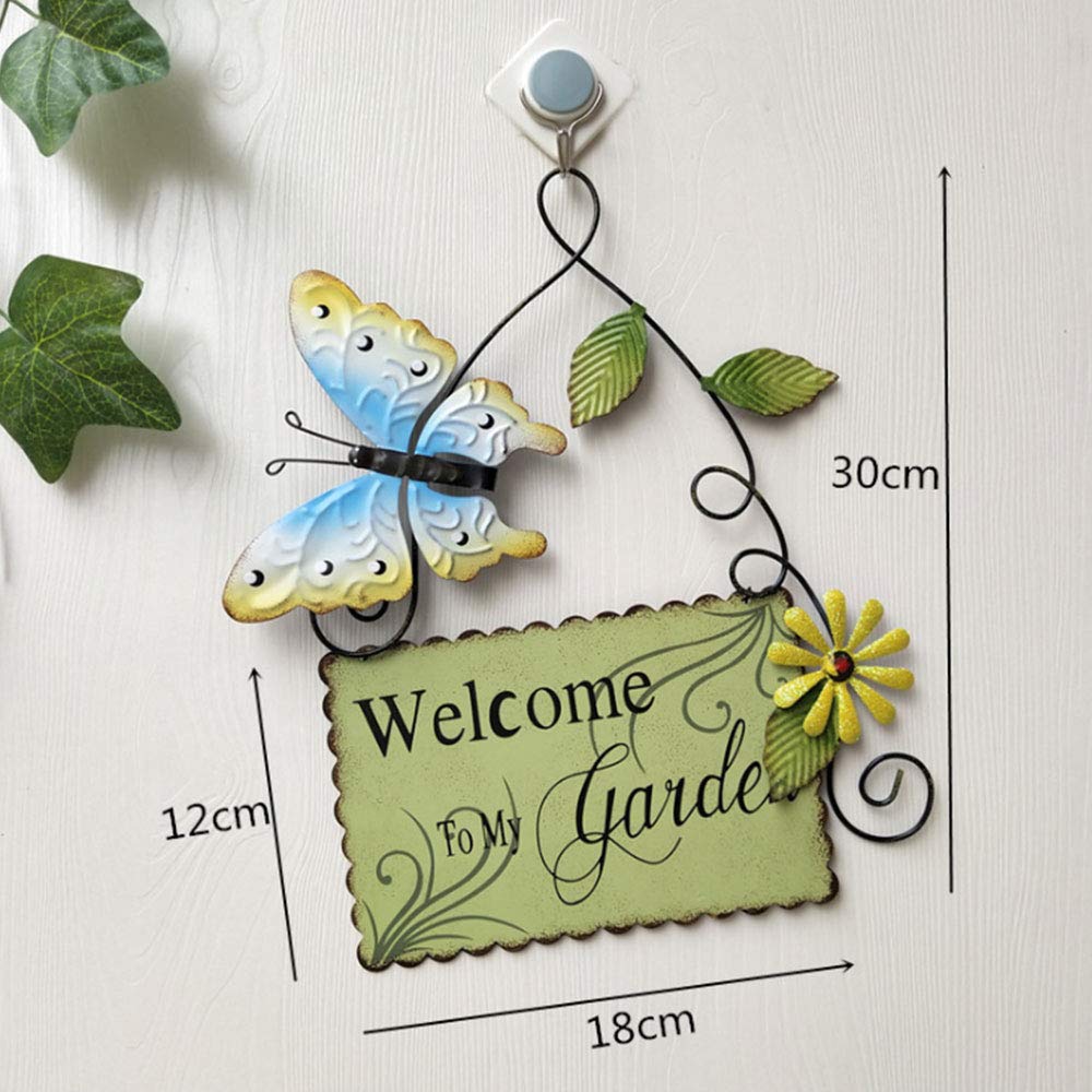 cartello di benvenuto da giardino con scritta in lingua inglese "Welcome to My Garden", in metallo da appendere, con farfalla, decorazione da parete per esterni, giallo, 18cm x 30cm