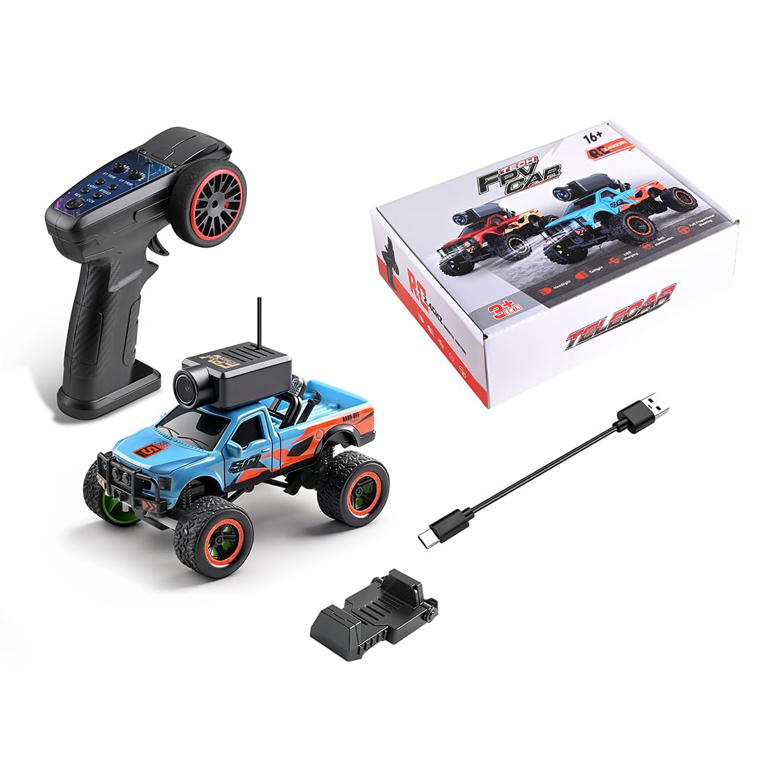 1/64 Scale Mini RC Truck Model, 2.4Ghz APP Auto-Pairing Full-Proportional FPV Remote Control Monster Truck with WiFi Camera, Lights, Speed & Steering Adjustable, Gift for Adults (RTR/Blue)