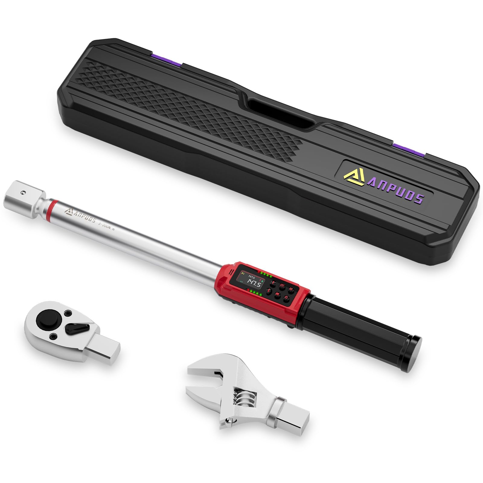 ANPUDS Adjustable Digital Torque Wrench, 2.2-147.5 Ft.lb/3-200 Nm, Hvac Torque Wrench with 45mm Jaw, 1/2 Drive Ratchet, ±1% Accuracy, Vibration,