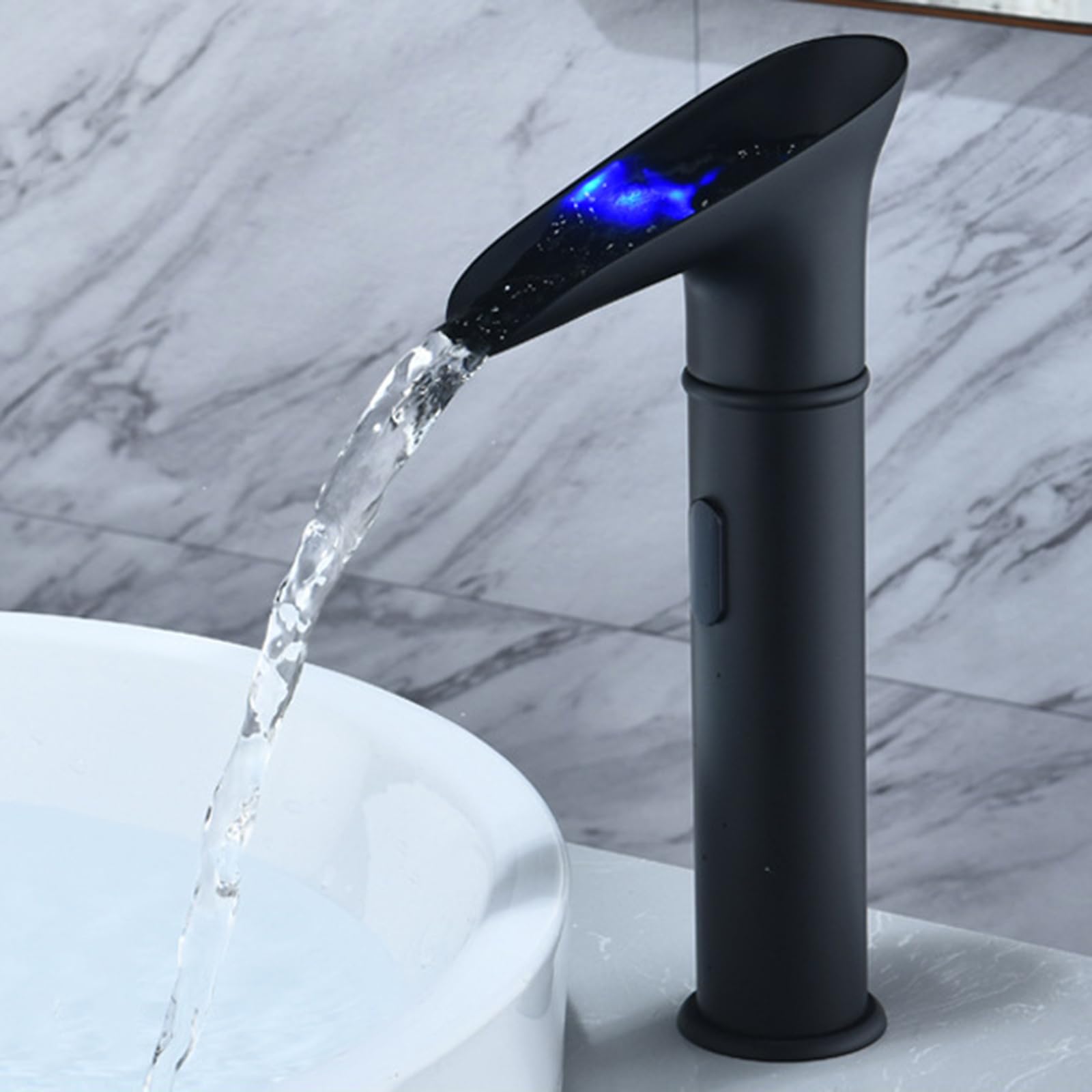XJTNLB Waschtischarmatur Sensor Schwarz Wasserhahn mit Licht Bad, Led Wasserfall Waschbecken Armaturen Infrarot Armaturen Bad,Hoch