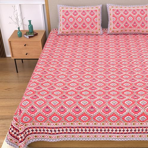 Image of India 100% Pure Cotton Jaipuri Printed Double Bedsheet with 2 Pillow Covers | Traditional Sanganeri Floral Design | Soft Breathable Fabric | King Size Bedsheet for Bedroom (Kaya47)