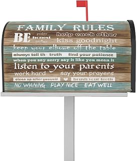 Magnetic Mailbox Covers Standard Size Family Rules Text Vintage Old Wooden Board Outdoor Mail Box Cover 21x18 Inch Mailbox Wrap Polyester Post Letter Box Cover for Garden Home Decoration