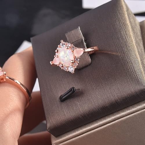 Miniatura 7 de Anillo de compromiso chapado en oro rosa de 18 quilates con piedra lunar y arcoíris, para mujer, anillo de compromiso con diamantes de imitación de