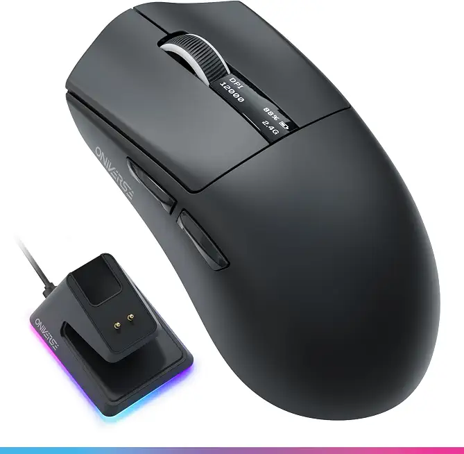 Oniverse Vanguard Wireless Gaming Mouse with Charging Dock - PixArt Sensor 12000 DPI 3 Connection Modes (2.4G/Bluetooth/Wired) Built-in Screen Polling Rate 1000Hz for PC/Mac/PS5/PS4 (Black)